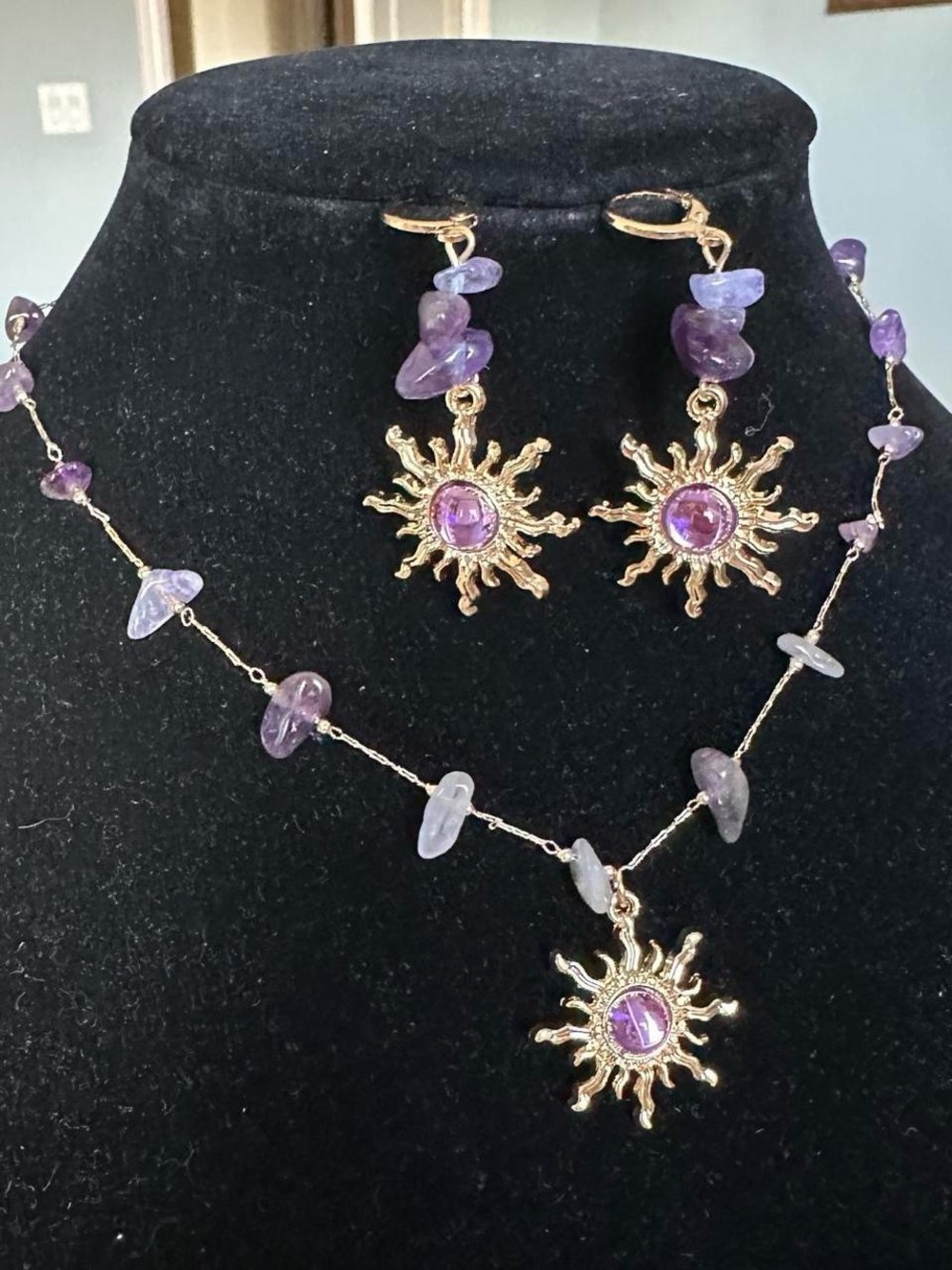 Gold and purple real amethyst crystals sun necklace and earring set.
